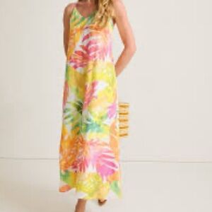 Tropicana Isle Linen-Blend Maxi Strap Sundress Colorful Tropical Print Size S/P